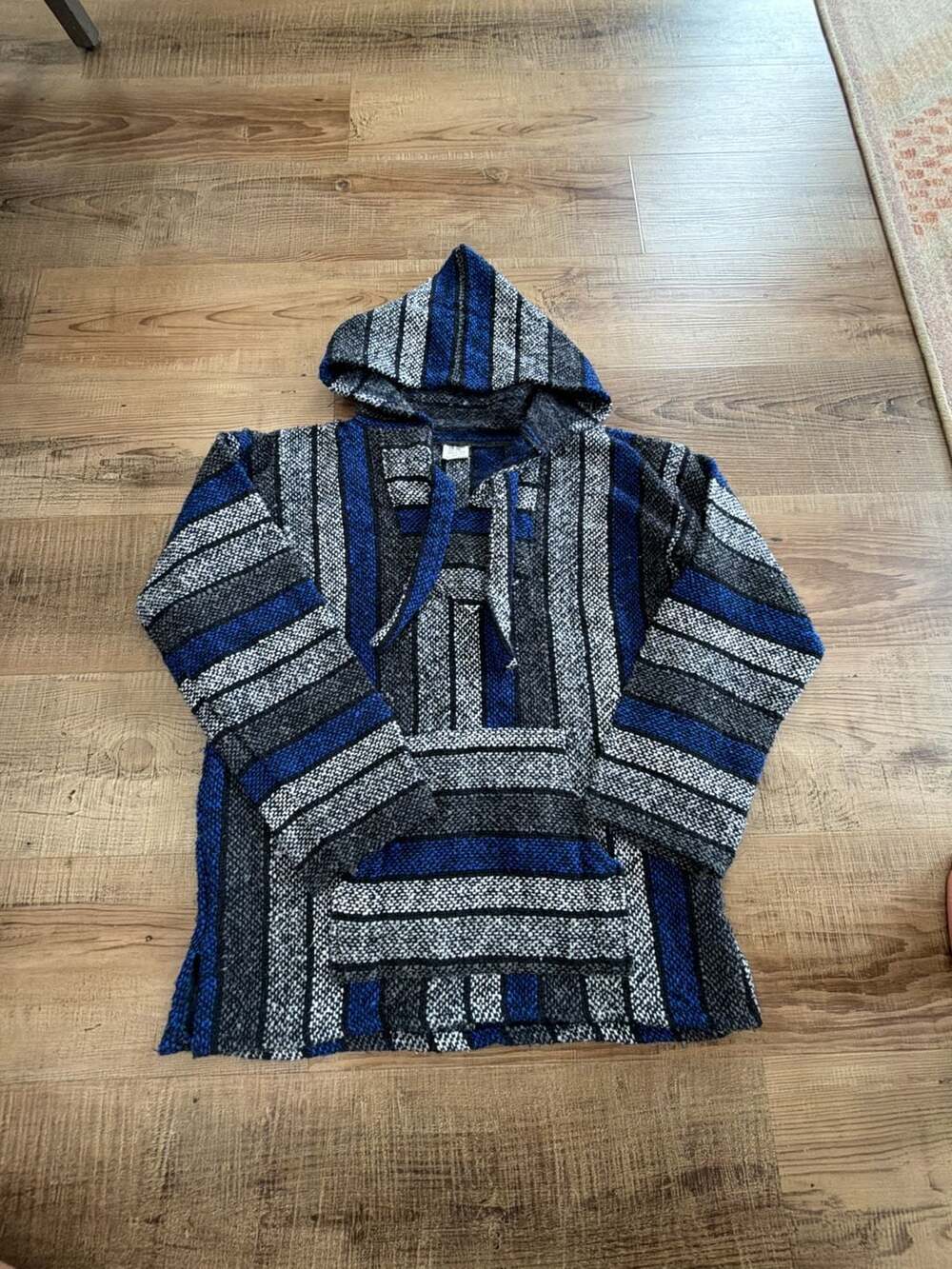 Artesanias Mexican Baja Hoodie Pullover Blue and Grey Striped boho